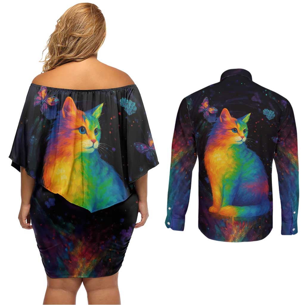 Cat Colorful Christmas Couples Matching Off Shoulder Short Dress and Long Sleeve Button Shirt Xmas Holiday Patterns - Wonder Print Shop