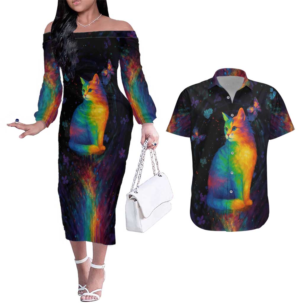Cat Colorful Christmas Couples Matching Off The Shoulder Long Sleeve Dress and Hawaiian Shirt Xmas Holiday Patterns - Wonder Print Shop