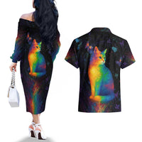Cat Colorful Christmas Couples Matching Off The Shoulder Long Sleeve Dress and Hawaiian Shirt Xmas Holiday Patterns - Wonder Print Shop