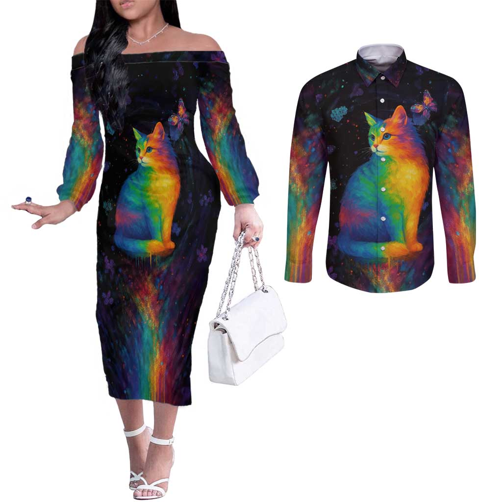 Cat Colorful Christmas Couples Matching Off The Shoulder Long Sleeve Dress and Long Sleeve Button Shirt Xmas Holiday Patterns - Wonder Print Shop