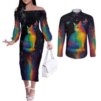 Cat Colorful Christmas Couples Matching Off The Shoulder Long Sleeve Dress and Long Sleeve Button Shirt Xmas Holiday Patterns - Wonder Print Shop