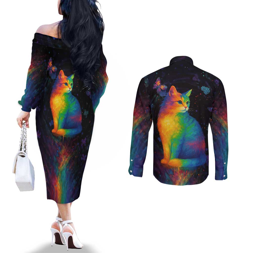 Cat Colorful Christmas Couples Matching Off The Shoulder Long Sleeve Dress and Long Sleeve Button Shirt Xmas Holiday Patterns - Wonder Print Shop