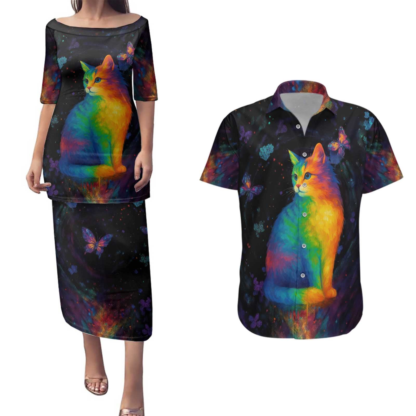 Cat Colorful Christmas Couples Matching Puletasi and Hawaiian Shirt Xmas Holiday Patterns - Wonder Print Shop
