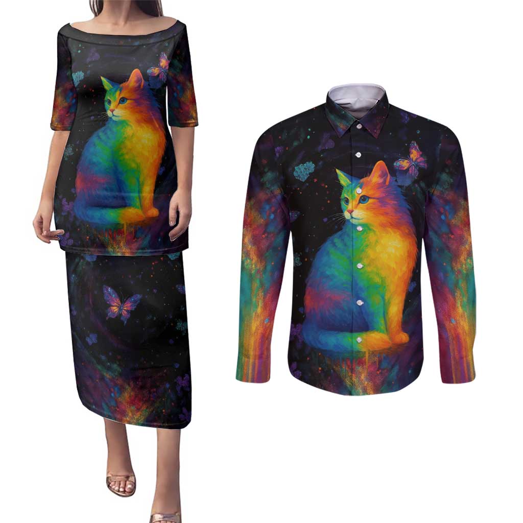 Cat Colorful Christmas Couples Matching Puletasi and Long Sleeve Button Shirt Xmas Holiday Patterns - Wonder Print Shop