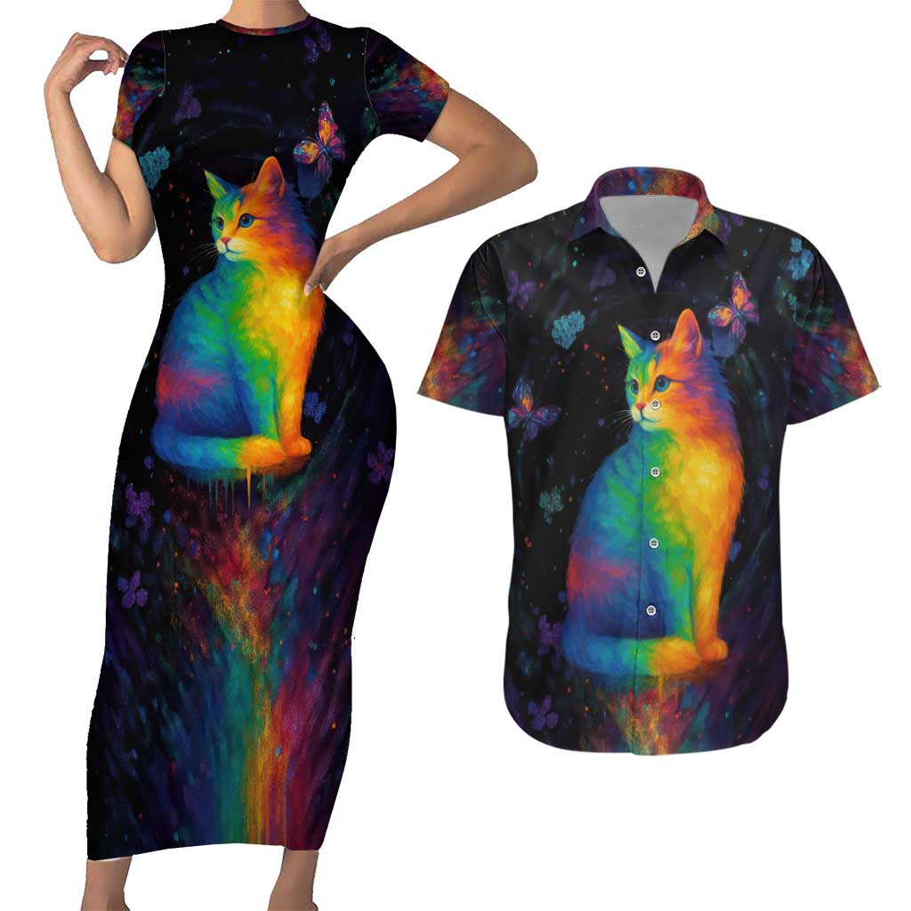 Cat Colorful Christmas Couples Matching Short Sleeve Bodycon Dress and Hawaiian Shirt Xmas Holiday Patterns - Wonder Print Shop