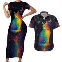 Cat Colorful Christmas Couples Matching Short Sleeve Bodycon Dress and Hawaiian Shirt Xmas Holiday Patterns - Wonder Print Shop