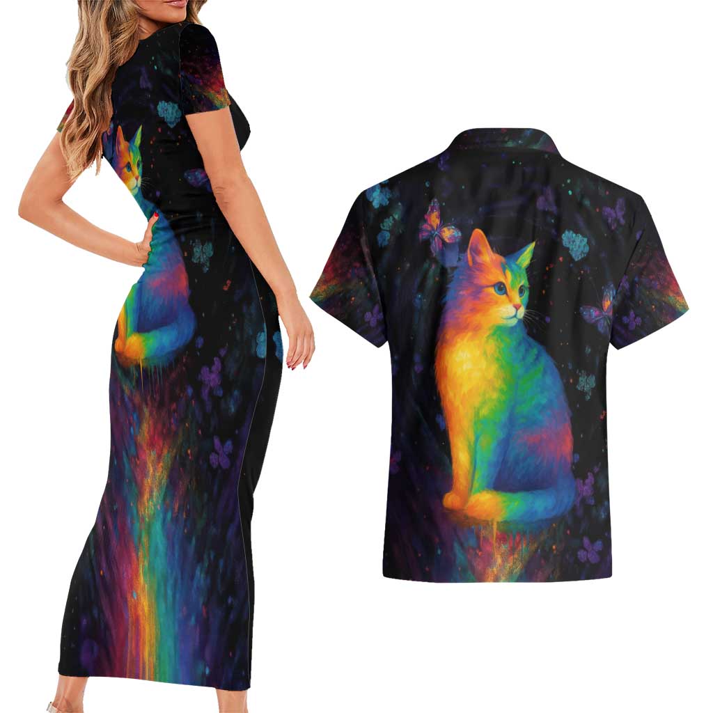 Cat Colorful Christmas Couples Matching Short Sleeve Bodycon Dress and Hawaiian Shirt Xmas Holiday Patterns - Wonder Print Shop