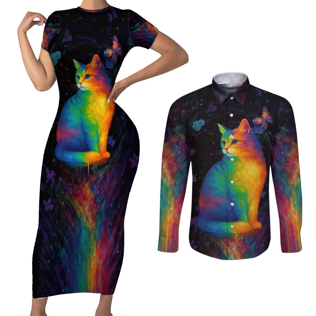 Cat Colorful Christmas Couples Matching Short Sleeve Bodycon Dress and Long Sleeve Button Shirt Xmas Holiday Patterns - Wonder Print Shop