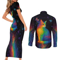 Cat Colorful Christmas Couples Matching Short Sleeve Bodycon Dress and Long Sleeve Button Shirt Xmas Holiday Patterns - Wonder Print Shop