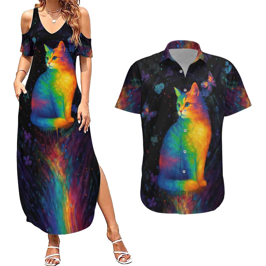 Cat Colorful Christmas Couples Matching Summer Maxi Dress and Hawaiian Shirt Xmas Holiday Patterns - Wonder Print Shop