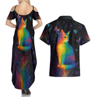 Cat Colorful Christmas Couples Matching Summer Maxi Dress and Hawaiian Shirt Xmas Holiday Patterns - Wonder Print Shop
