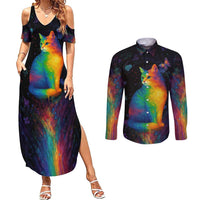 Cat Colorful Christmas Couples Matching Summer Maxi Dress and Long Sleeve Button Shirt Xmas Holiday Patterns - Wonder Print Shop