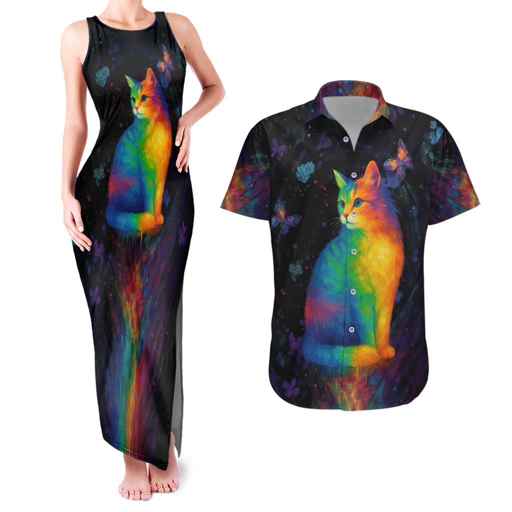 Cat Colorful Christmas Couples Matching Tank Maxi Dress and Hawaiian Shirt Xmas Holiday Patterns - Wonder Print Shop