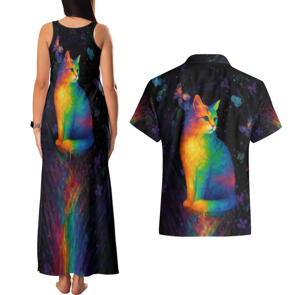 Cat Colorful Christmas Couples Matching Tank Maxi Dress and Hawaiian Shirt Xmas Holiday Patterns - Wonder Print Shop