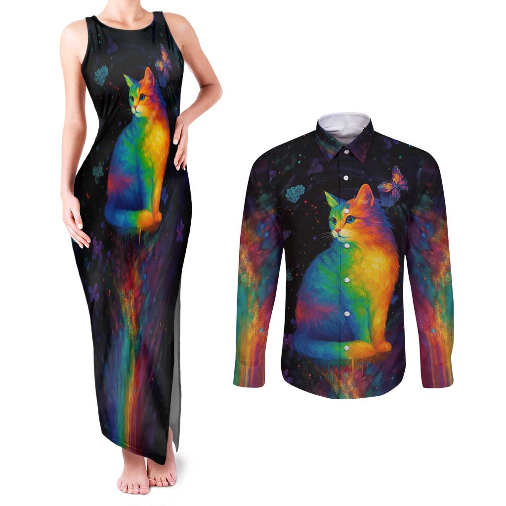 Cat Colorful Christmas Couples Matching Tank Maxi Dress and Long Sleeve Button Shirt Xmas Holiday Patterns - Wonder Print Shop