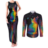 Cat Colorful Christmas Couples Matching Tank Maxi Dress and Long Sleeve Button Shirt Xmas Holiday Patterns - Wonder Print Shop