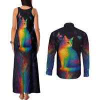 Cat Colorful Christmas Couples Matching Tank Maxi Dress and Long Sleeve Button Shirt Xmas Holiday Patterns - Wonder Print Shop