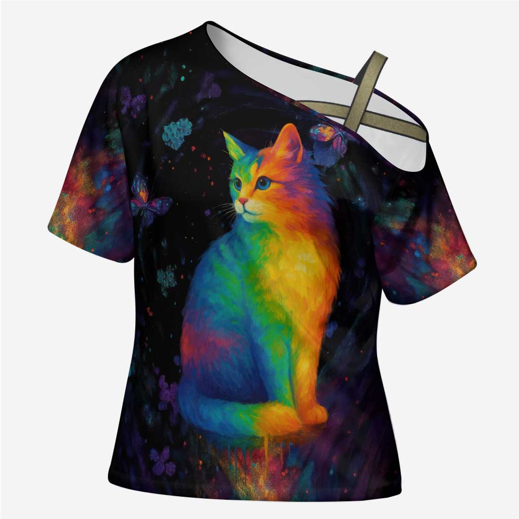 Cat Colorful Christmas Cross Shoulder Shirt Xmas Holiday Patterns - Wonder Print Shop