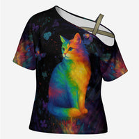 Cat Colorful Christmas Cross Shoulder Shirt Xmas Holiday Patterns - Wonder Print Shop