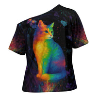 Cat Colorful Christmas Cross Shoulder Shirt Xmas Holiday Patterns - Wonder Print Shop