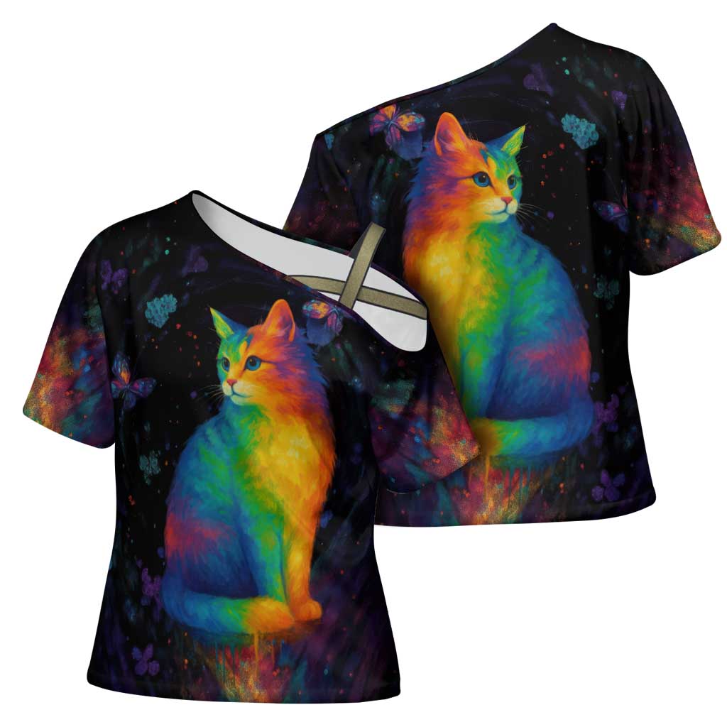 Cat Colorful Christmas Cross Shoulder Shirt Xmas Holiday Patterns - Wonder Print Shop
