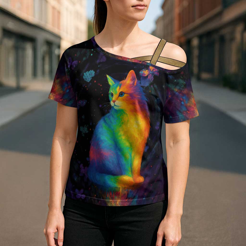 Cat Colorful Christmas Cross Shoulder Shirt Xmas Holiday Patterns - Wonder Print Shop