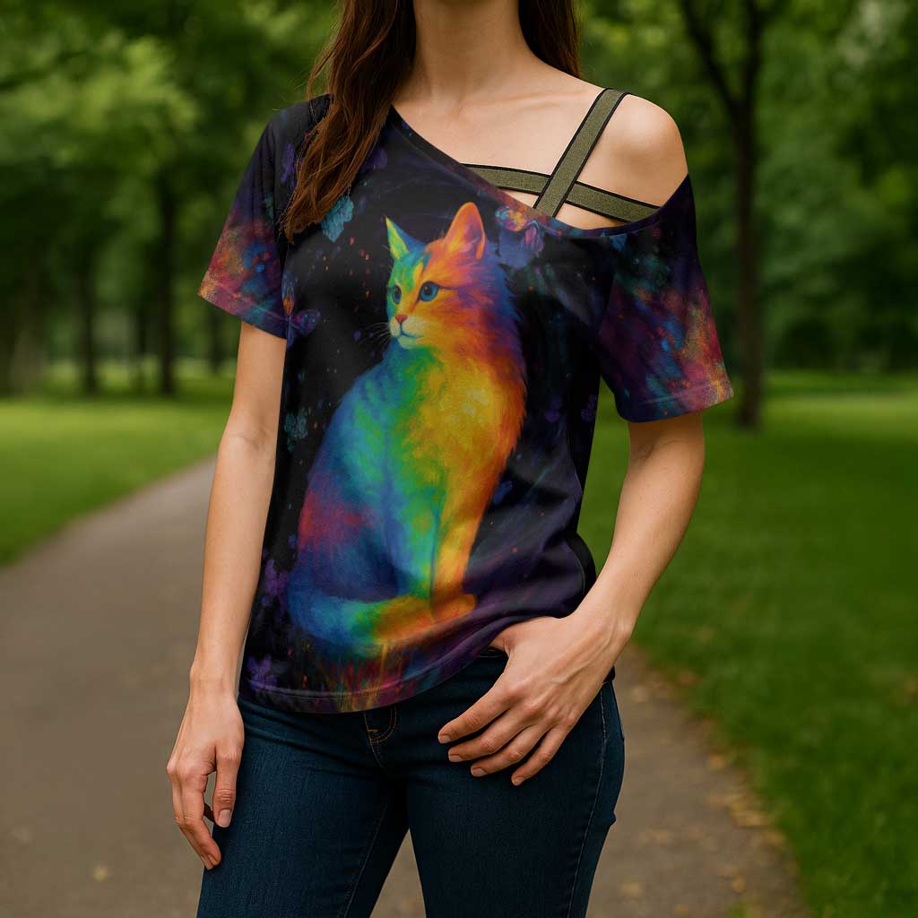 Cat Colorful Christmas Cross Shoulder Shirt Xmas Holiday Patterns - Wonder Print Shop