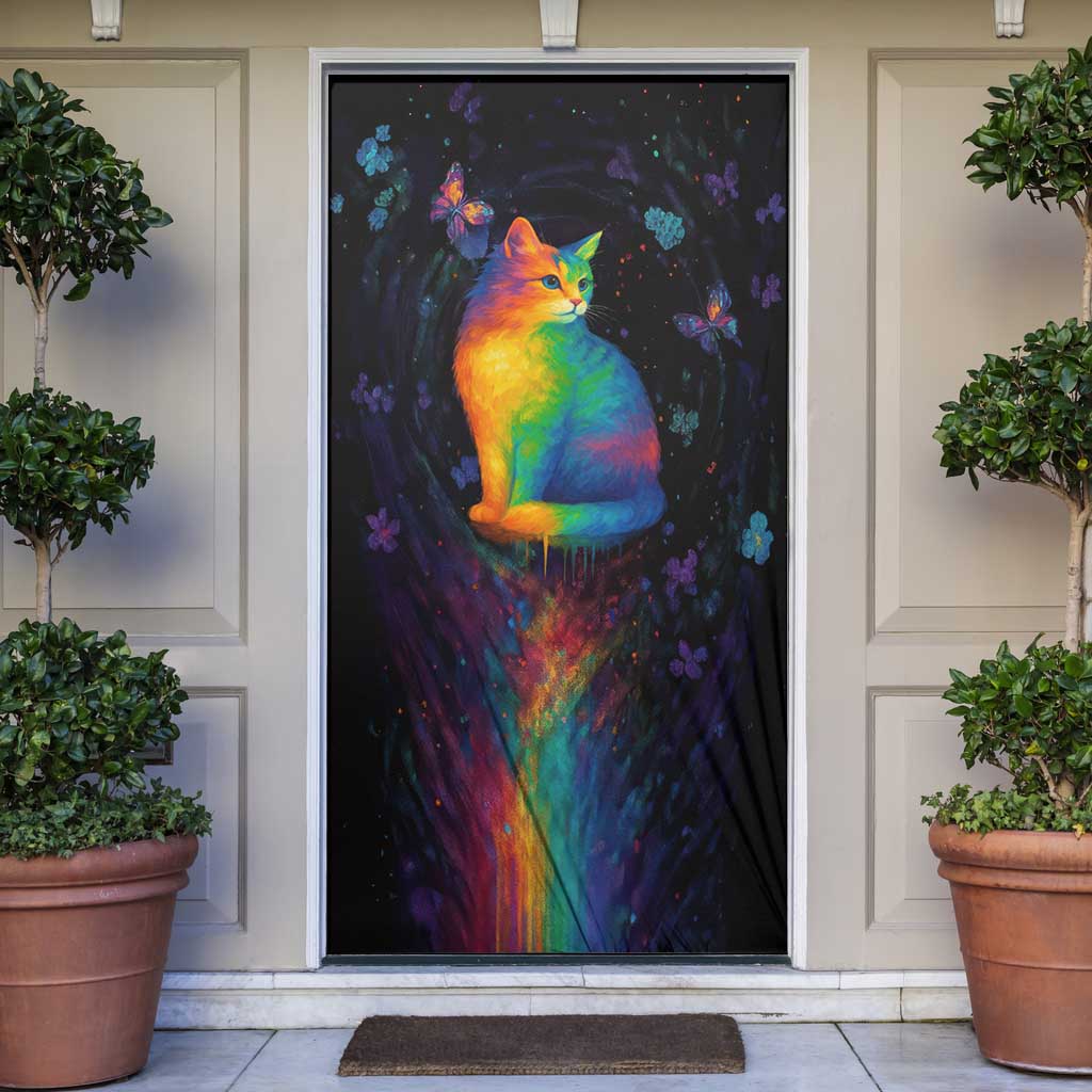 Cat Colorful Christmas Door Cover Xmas Holiday Patterns - Wonder Print Shop