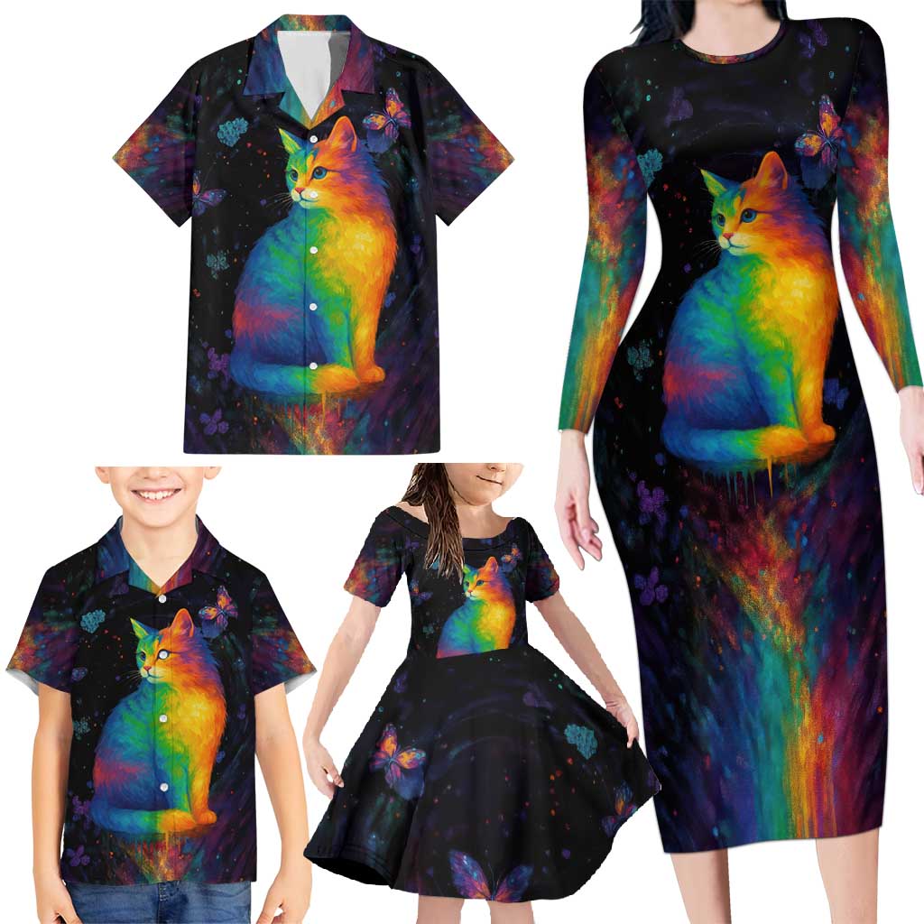 Cat Colorful Christmas Family Matching Long Sleeve Bodycon Dress and Hawaiian Shirt Xmas Holiday Patterns - Wonder Print Shop