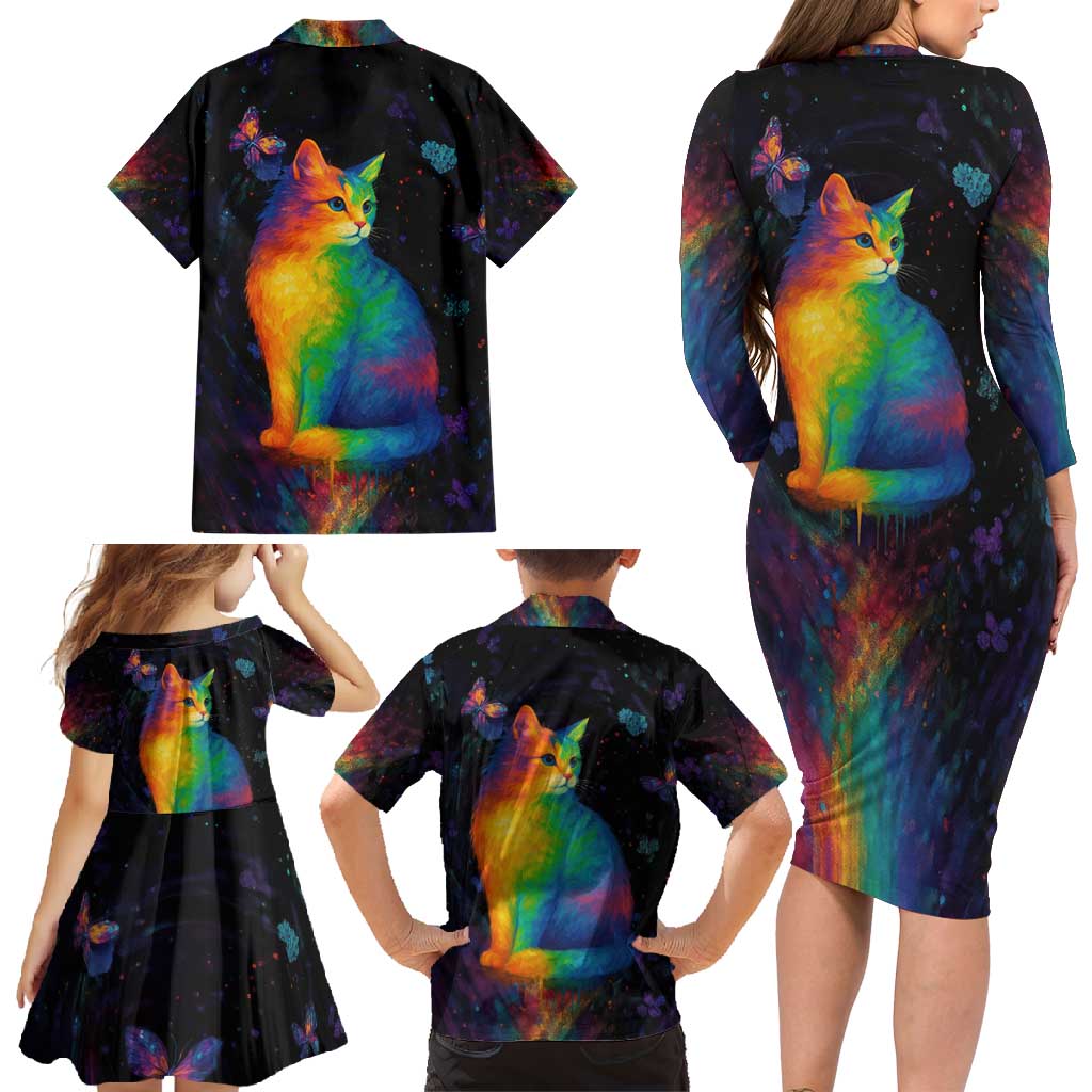 Cat Colorful Christmas Family Matching Long Sleeve Bodycon Dress and Hawaiian Shirt Xmas Holiday Patterns - Wonder Print Shop