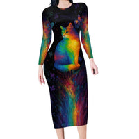 Cat Colorful Christmas Family Matching Long Sleeve Bodycon Dress and Hawaiian Shirt Xmas Holiday Patterns - Wonder Print Shop