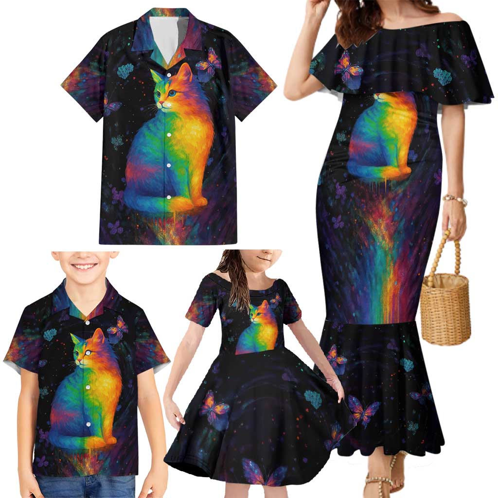 Cat Colorful Christmas Family Matching Mermaid Dress and Hawaiian Shirt Xmas Holiday Patterns - Wonder Print Shop