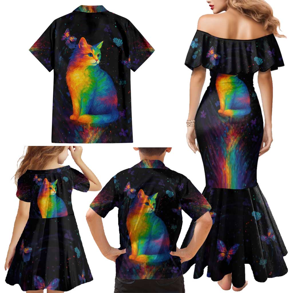 Cat Colorful Christmas Family Matching Mermaid Dress and Hawaiian Shirt Xmas Holiday Patterns - Wonder Print Shop