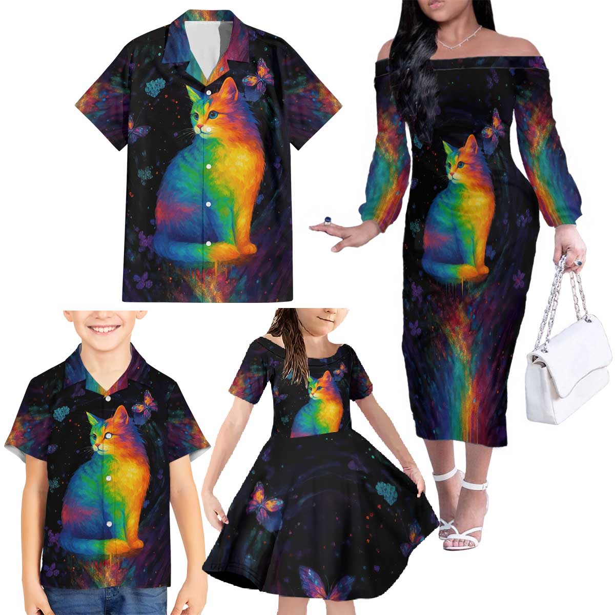 Cat Colorful Christmas Family Matching Off The Shoulder Long Sleeve Dress and Hawaiian Shirt Xmas Holiday Patterns - Wonder Print Shop