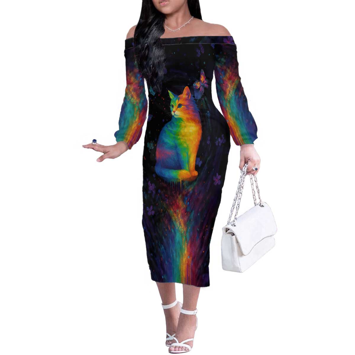 Cat Colorful Christmas Family Matching Off The Shoulder Long Sleeve Dress and Hawaiian Shirt Xmas Holiday Patterns - Wonder Print Shop
