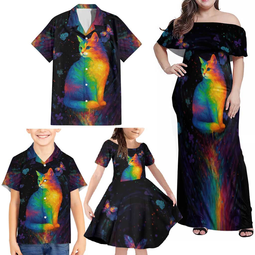 Cat Colorful Christmas Family Matching Off Shoulder Maxi Dress and Hawaiian Shirt Xmas Holiday Patterns - Wonder Print Shop