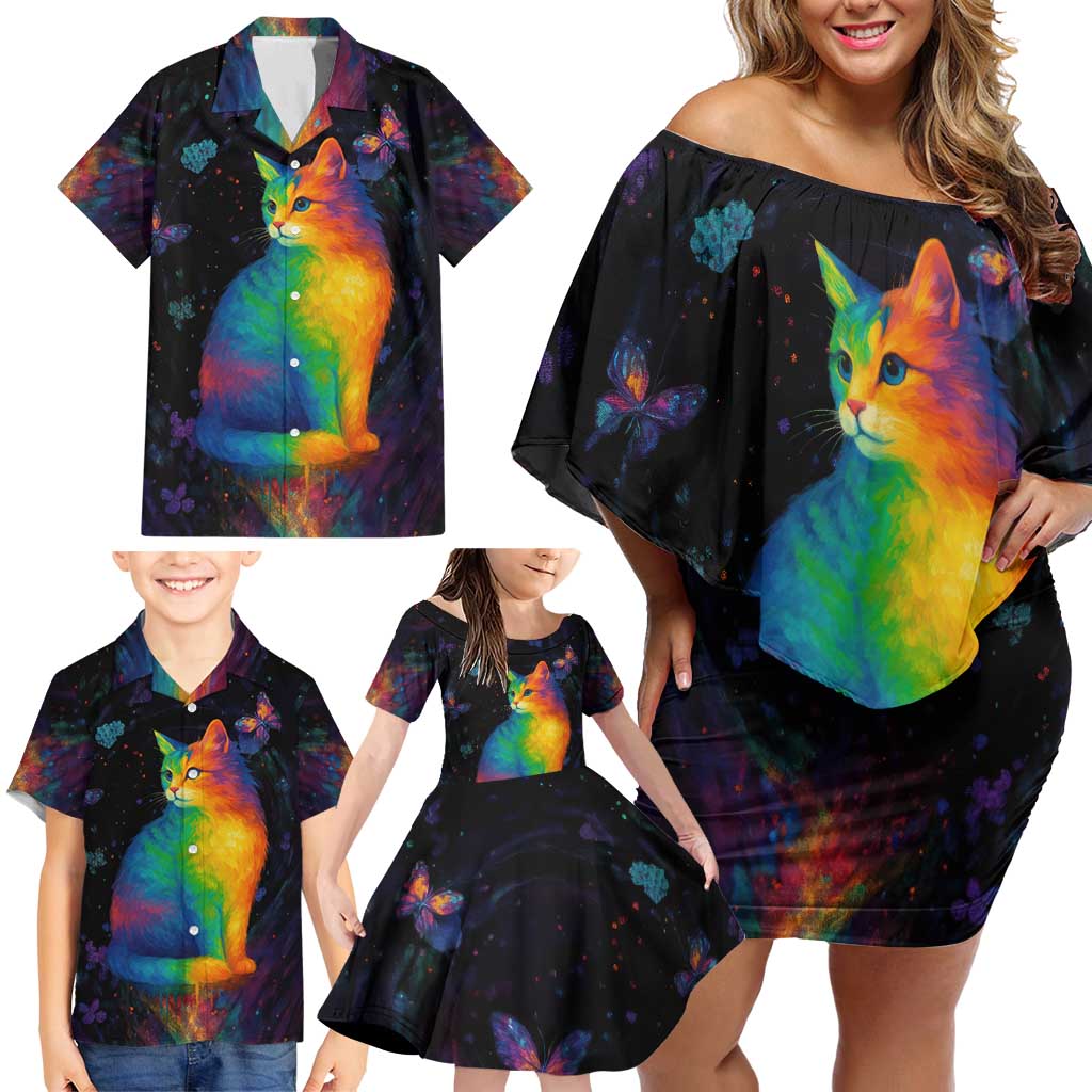 Cat Colorful Christmas Family Matching Off Shoulder Short Dress and Hawaiian Shirt Xmas Holiday Patterns - Wonder Print Shop