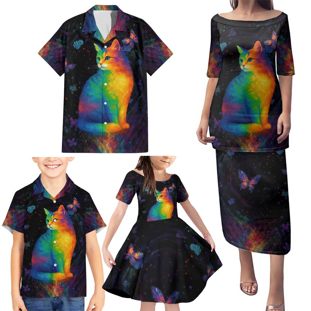 Cat Colorful Christmas Family Matching Puletasi and Hawaiian Shirt Xmas Holiday Patterns - Wonder Print Shop