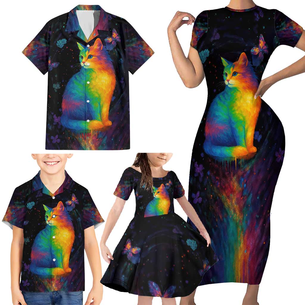 Cat Colorful Christmas Family Matching Short Sleeve Bodycon Dress and Hawaiian Shirt Xmas Holiday Patterns - Wonder Print Shop