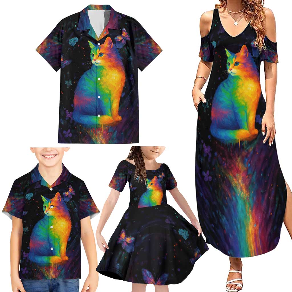 Cat Colorful Christmas Family Matching Summer Maxi Dress and Hawaiian Shirt Xmas Holiday Patterns - Wonder Print Shop