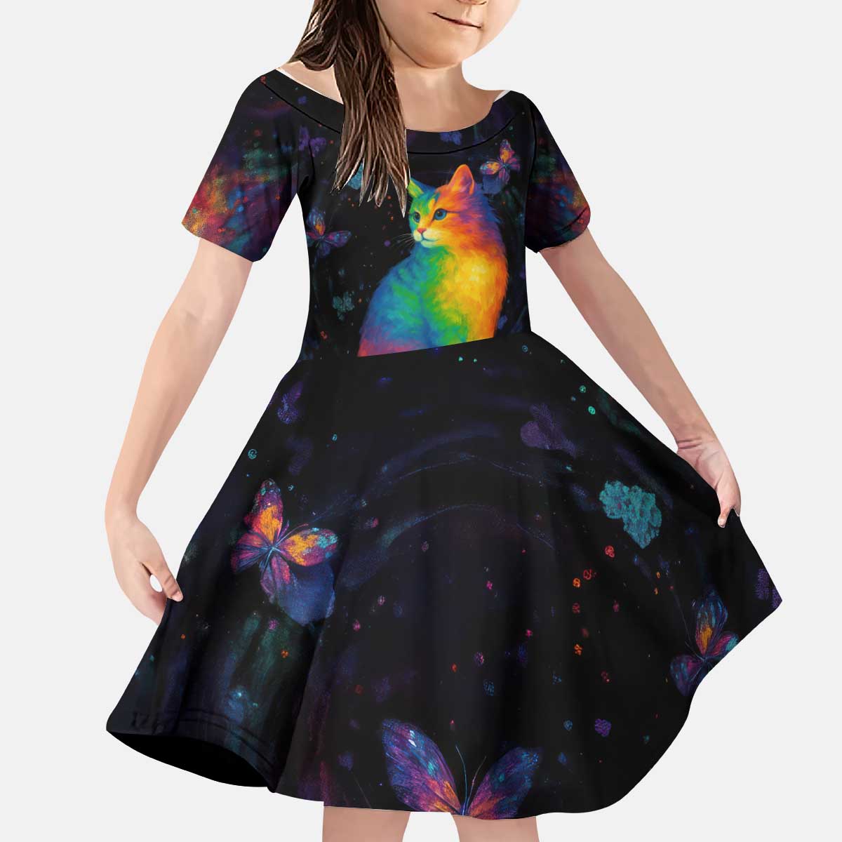 Cat Colorful Christmas Kid Short Sleeve Dress Xmas Holiday Patterns - Wonder Print Shop
