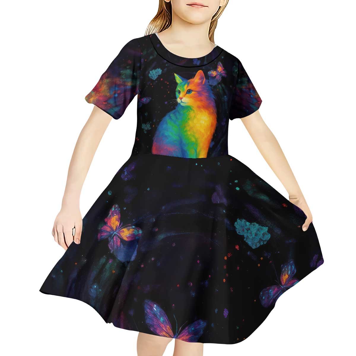 Cat Colorful Christmas Kid Short Sleeve Dress Xmas Holiday Patterns - Wonder Print Shop