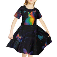 Cat Colorful Christmas Kid Short Sleeve Dress Xmas Holiday Patterns - Wonder Print Shop