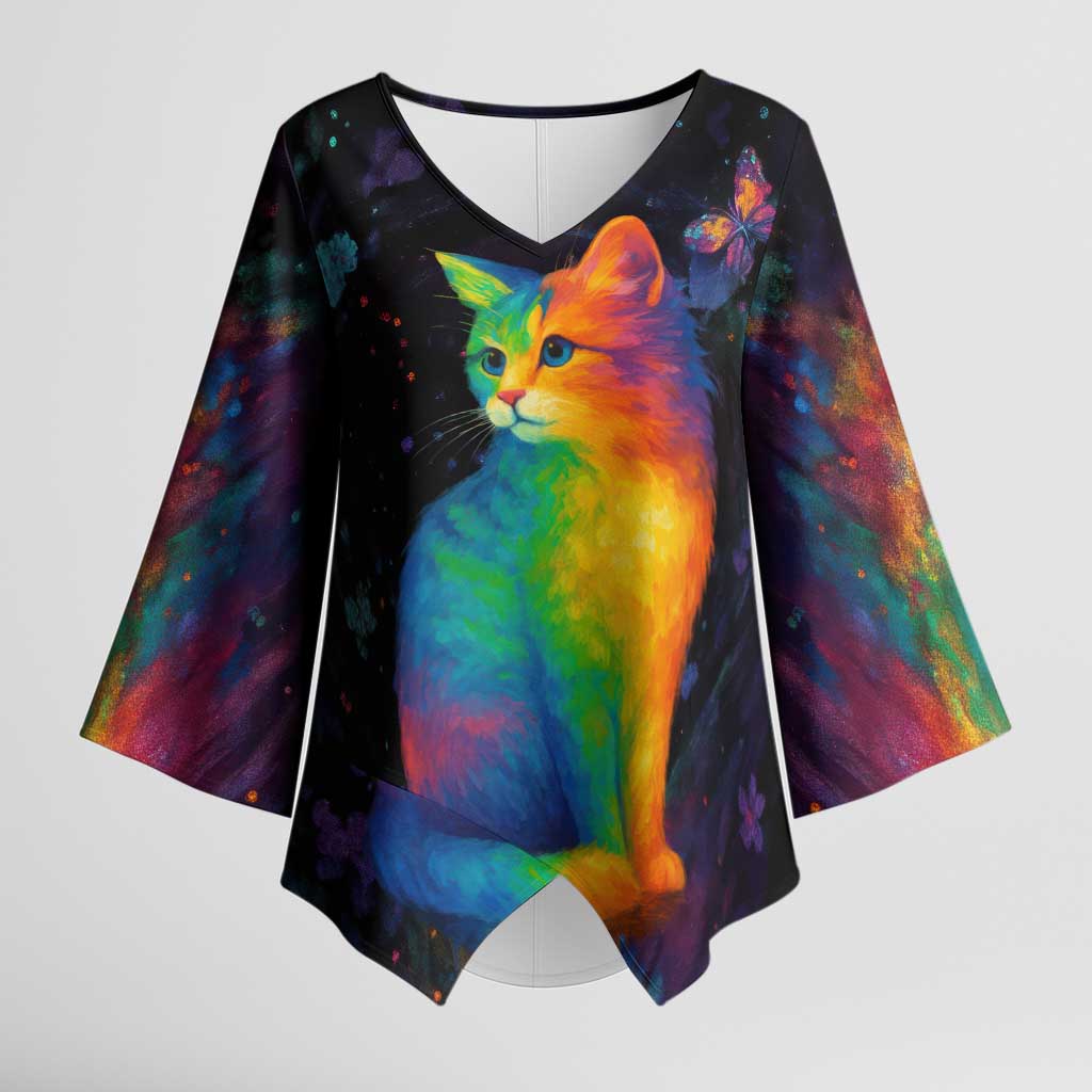 Cat Colorful Christmas Kimono Sleeve Blouse Xmas Holiday Patterns - Wonder Print Shop