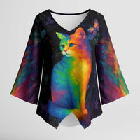 Cat Colorful Christmas Kimono Sleeve Blouse Xmas Holiday Patterns - Wonder Print Shop