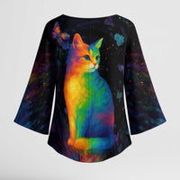 Cat Colorful Christmas Kimono Sleeve Blouse Xmas Holiday Patterns - Wonder Print Shop