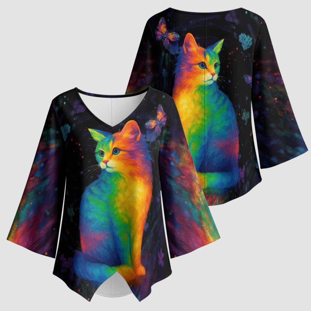 Cat Colorful Christmas Kimono Sleeve Blouse Xmas Holiday Patterns - Wonder Print Shop