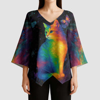 Cat Colorful Christmas Kimono Sleeve Blouse Xmas Holiday Patterns - Wonder Print Shop