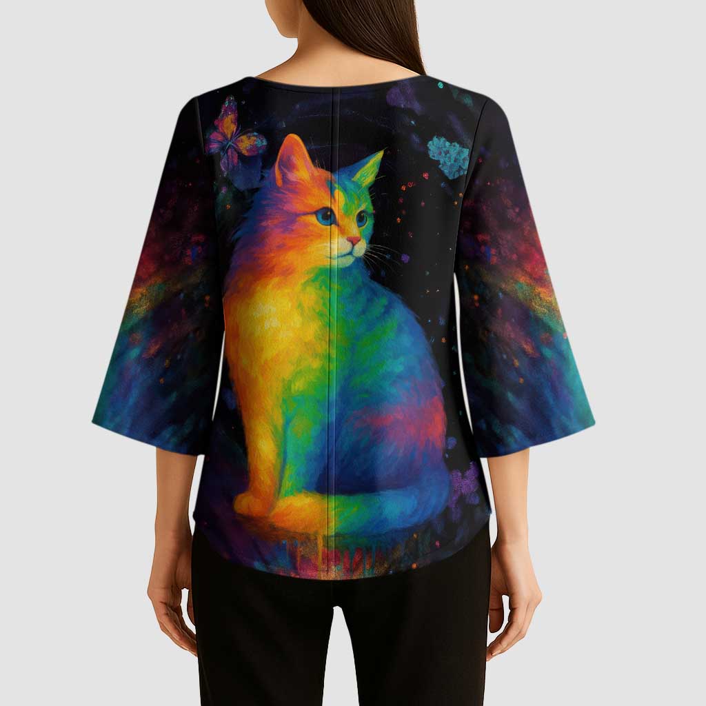 Cat Colorful Christmas Kimono Sleeve Blouse Xmas Holiday Patterns - Wonder Print Shop