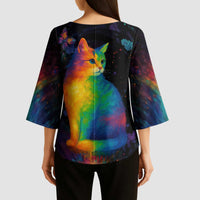 Cat Colorful Christmas Kimono Sleeve Blouse Xmas Holiday Patterns - Wonder Print Shop